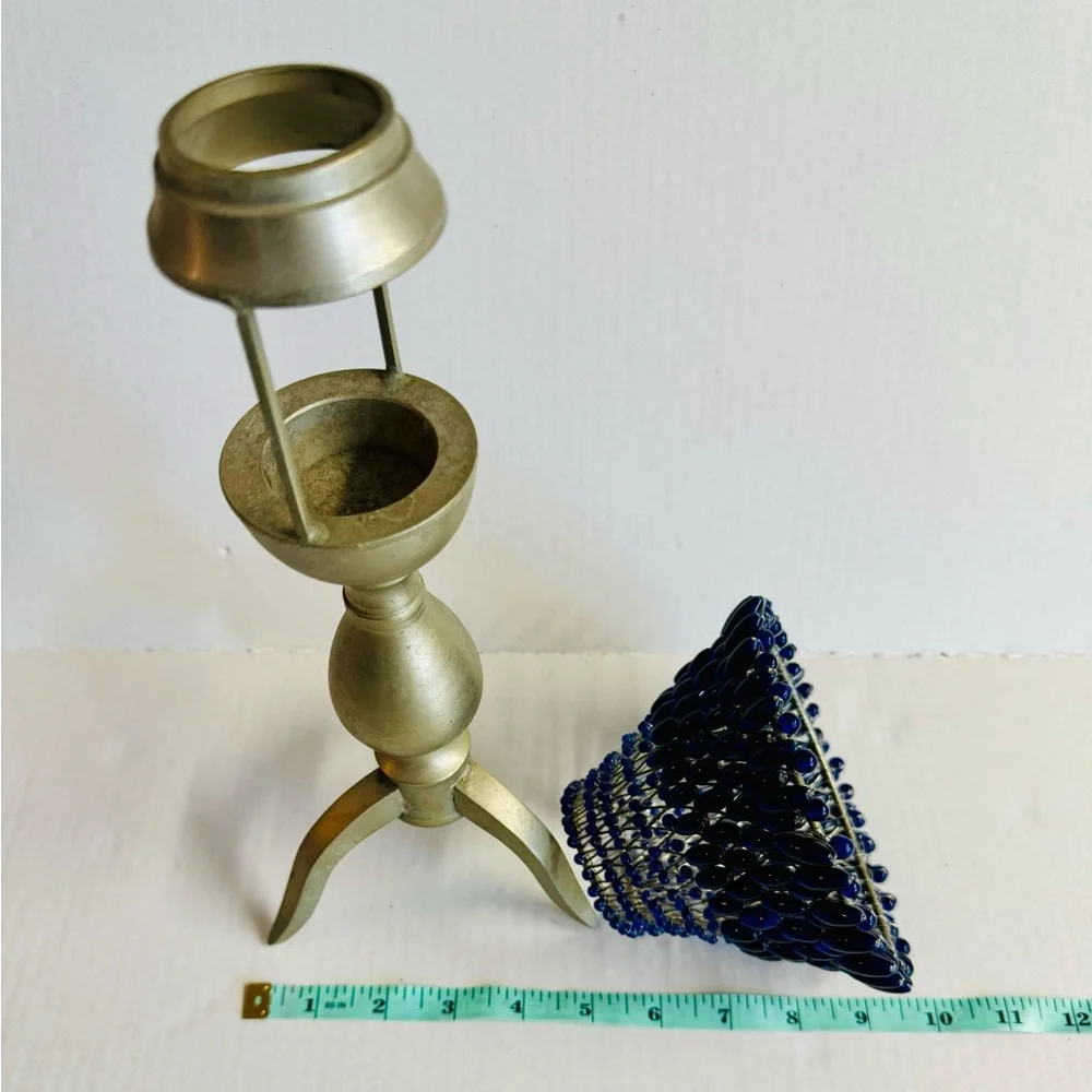 Vtg Cobalt Blue Glass Bead Shaded Votive candle holder with pewter 3 leg base.